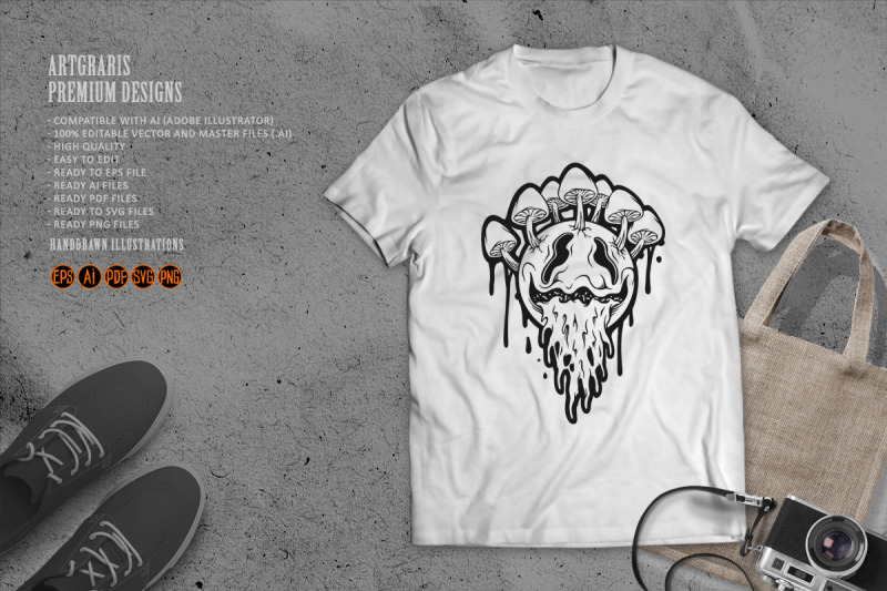 outline-of-psychedelic-face-with-mushrooms-and-dripping-effects-monoch