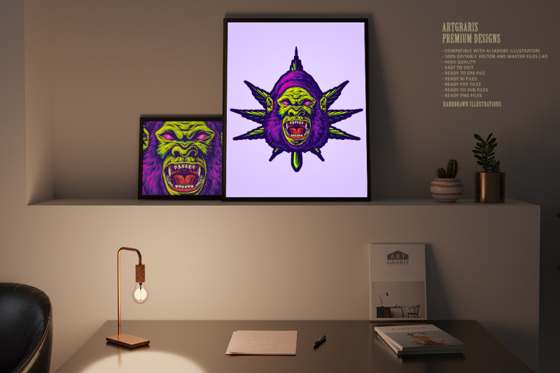 psychedelic-gorilla-face-with-colorful-marijuana-leaves-illustrations