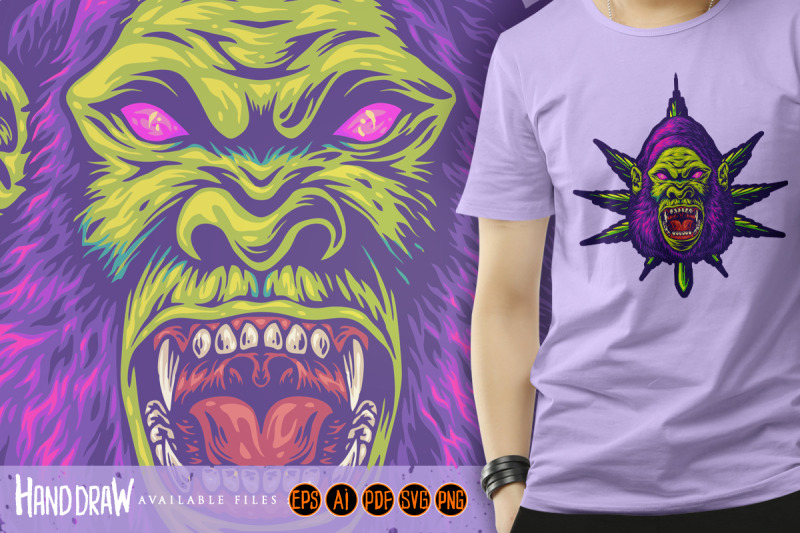 psychedelic-gorilla-face-with-colorful-marijuana-leaves-illustrations