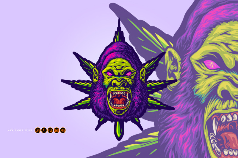 psychedelic-gorilla-face-with-colorful-marijuana-leaves-illustrations