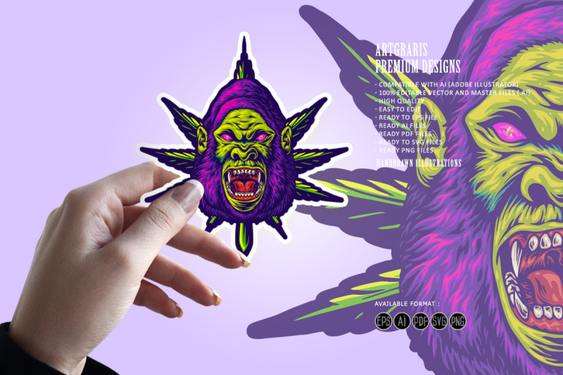 psychedelic-gorilla-face-with-colorful-marijuana-leaves-illustrations