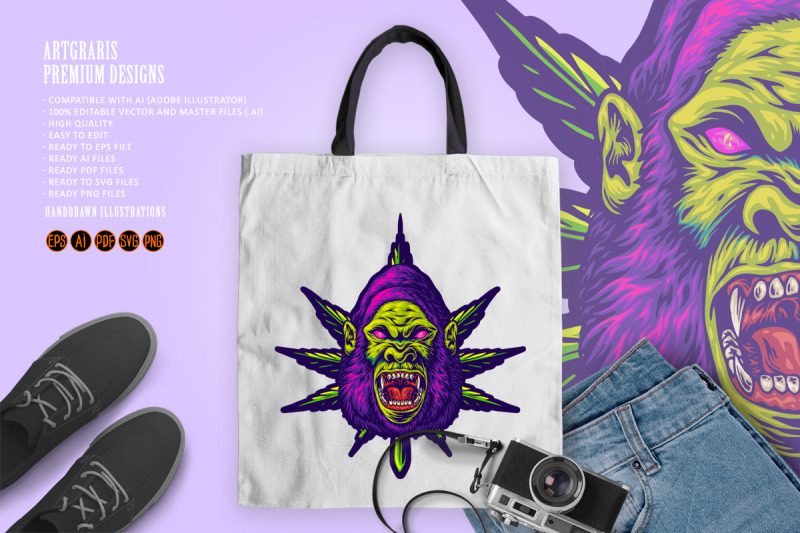 psychedelic-gorilla-face-with-colorful-marijuana-leaves-illustrations