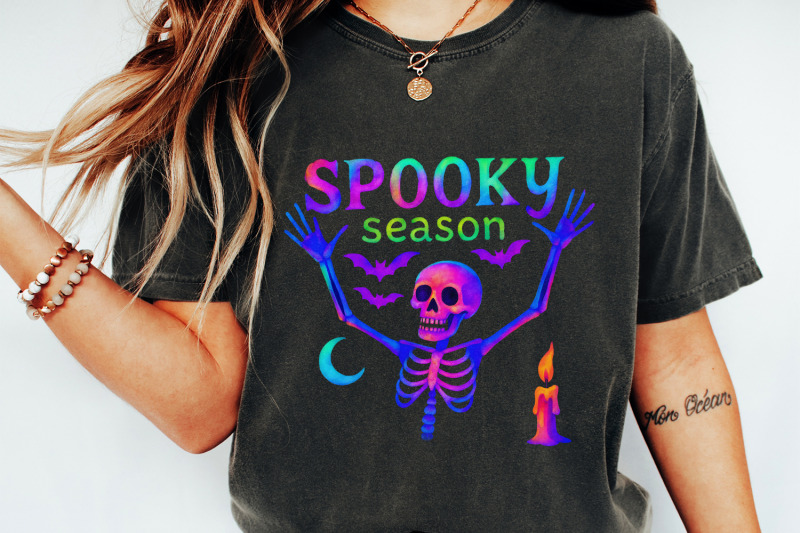 spooky-season-skeleton-png-neon-halloween-bones-bat-moon-candle-art