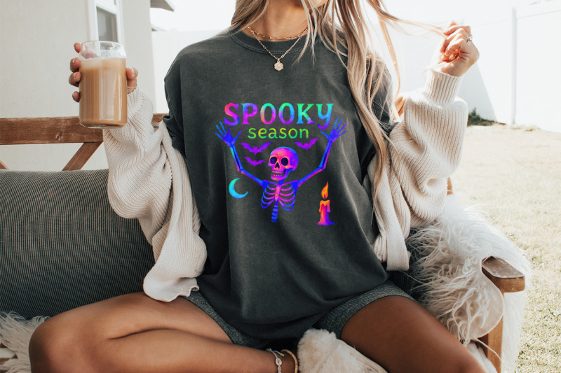 spooky-season-skeleton-png-neon-halloween-bones-bat-moon-candle-art