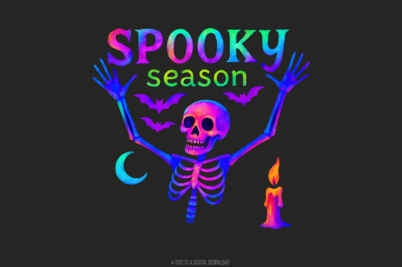 spooky-season-skeleton-png-neon-halloween-bones-bat-moon-candle-art