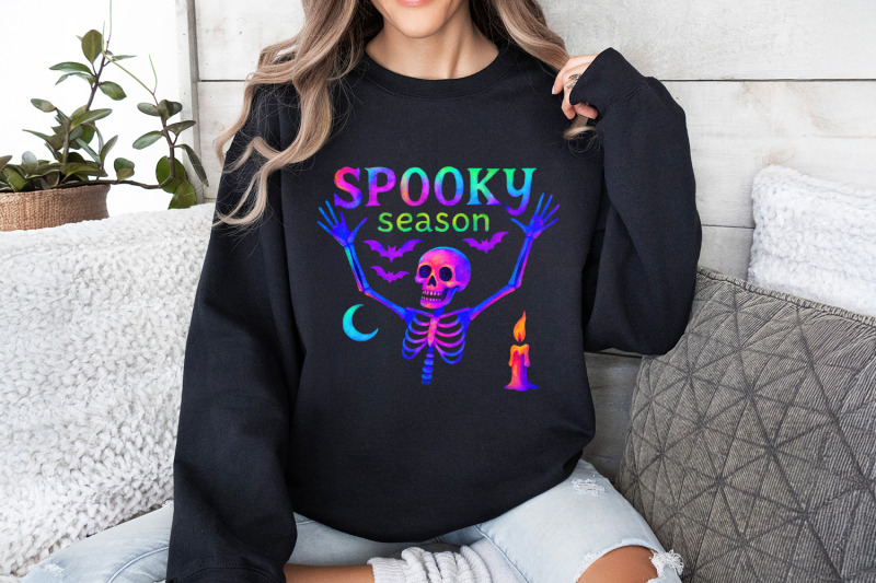 spooky-season-skeleton-png-neon-halloween-bones-bat-moon-candle-art