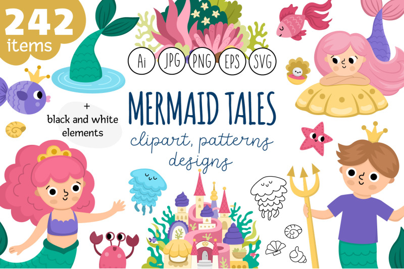mermaid-tales-clipart-designs-backgrounds-and-patterns-collection