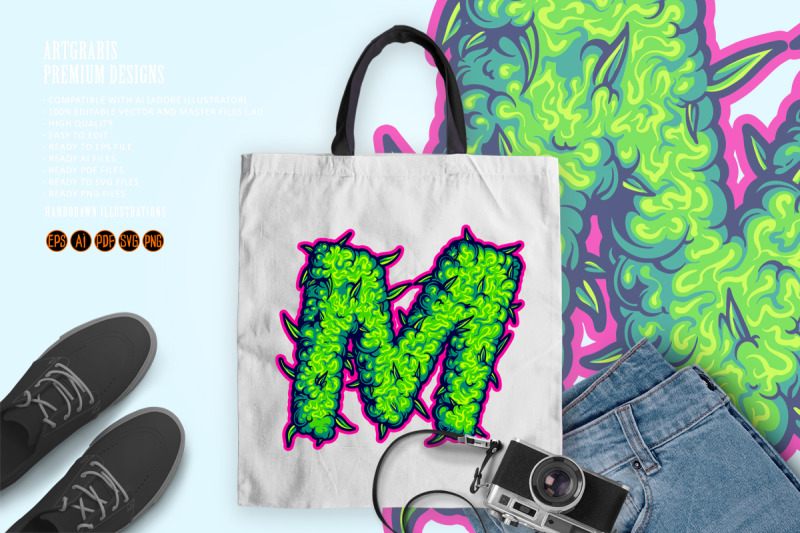 cannabis-themed-m-letter-in-green-with-bold-pink-outline