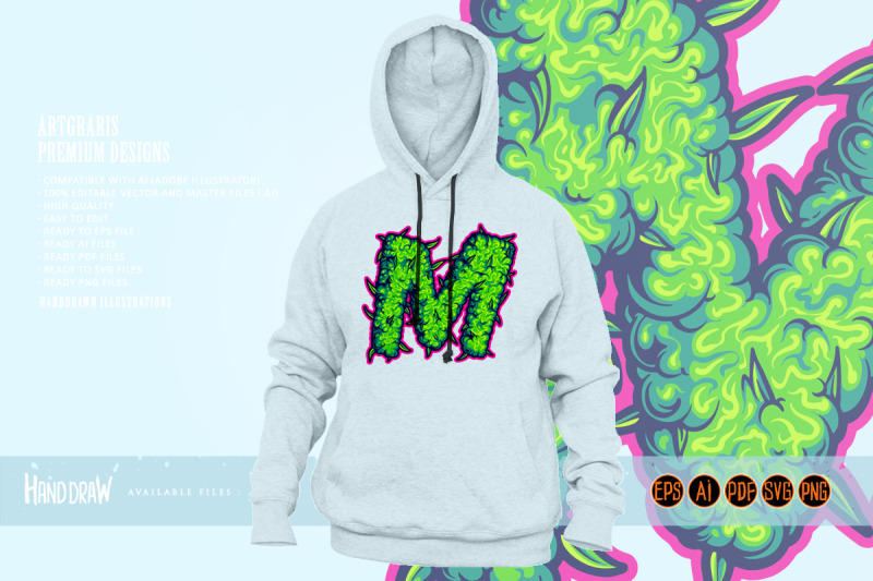 cannabis-themed-m-letter-in-green-with-bold-pink-outline