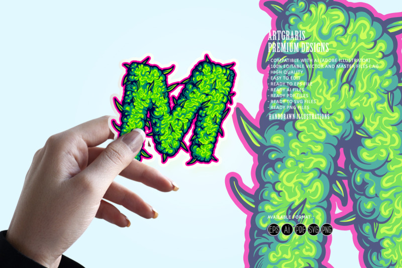 cannabis-themed-m-letter-in-green-with-bold-pink-outline