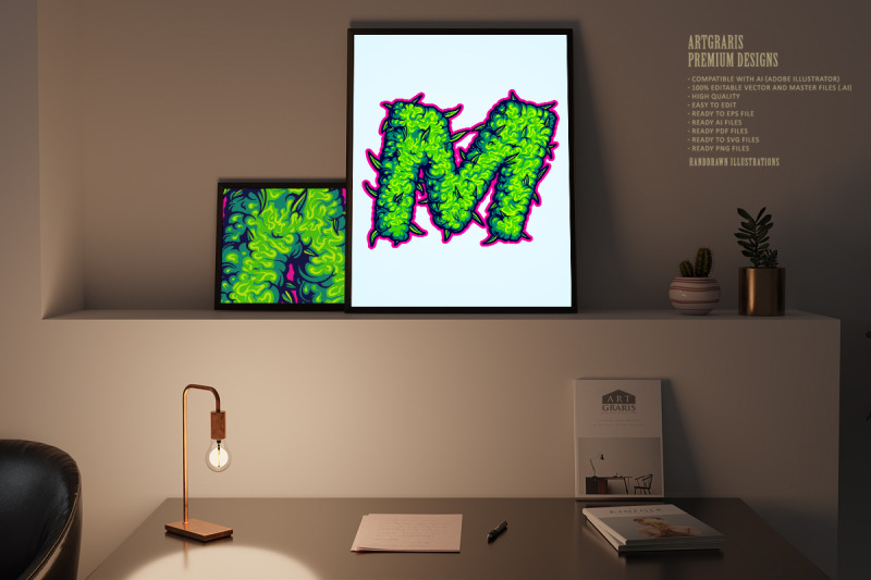 cannabis-themed-m-letter-in-green-with-bold-pink-outline