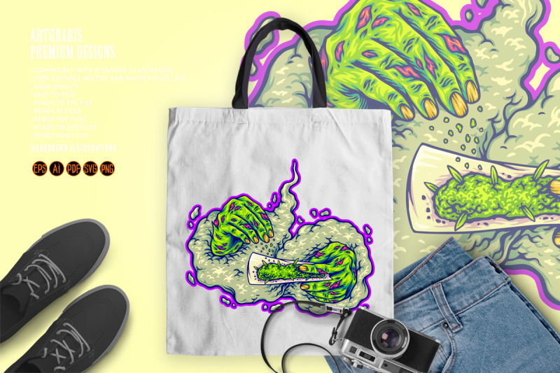 hands-crafting-weed-joint-with-smoke-effect-illustrations