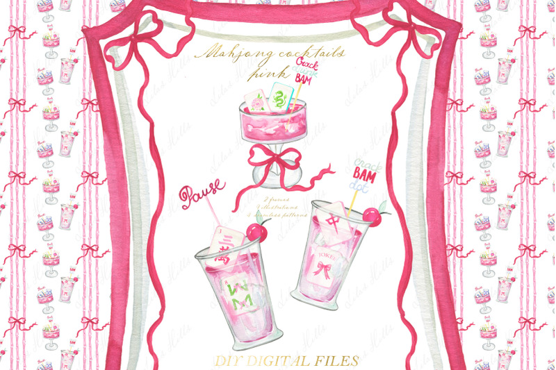 mahjong-pink-cocktails-watercolor-diy-clipart