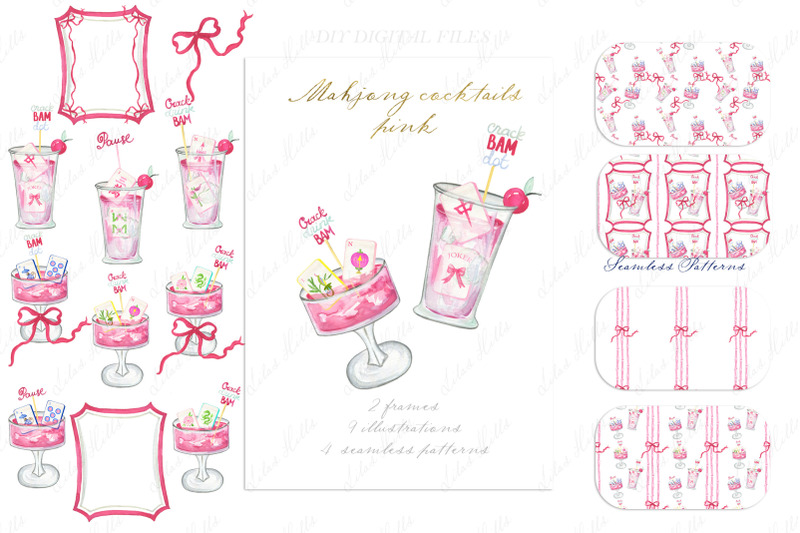 mahjong-pink-cocktails-watercolor-diy-clipart