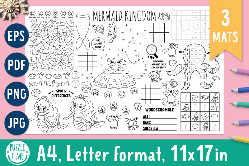 mermaid-coloring-activity-play-mats-sea-princess-placemats-collection