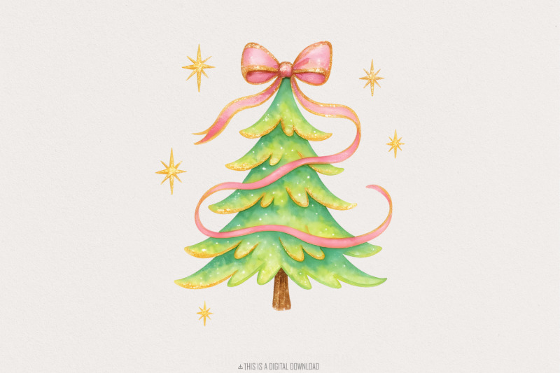 watercolor-christmas-tree-with-pink-ribbon-christmas-tree-png-clipart