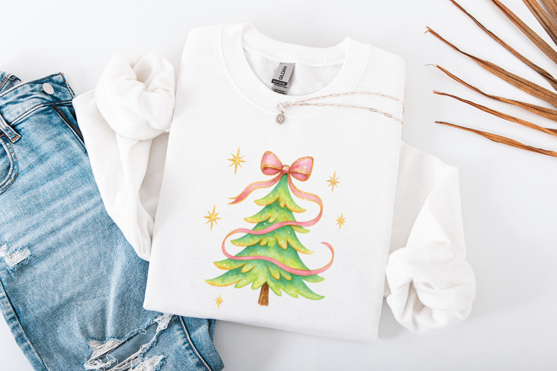 watercolor-christmas-tree-with-pink-ribbon-christmas-tree-png-clipart