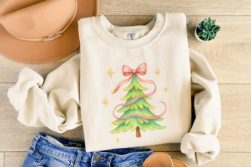 watercolor-christmas-tree-with-pink-ribbon-christmas-tree-png-clipart