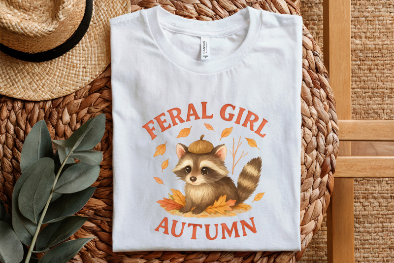feral-girl-autumn-png-cute-raccoon-with-acorn-hat-png-cozy-fall-leav