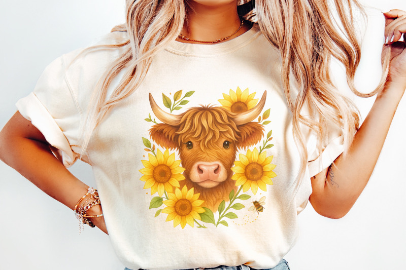 highland-cow-with-sunflowers-png-cute-farm-animal-art-country-wall-d