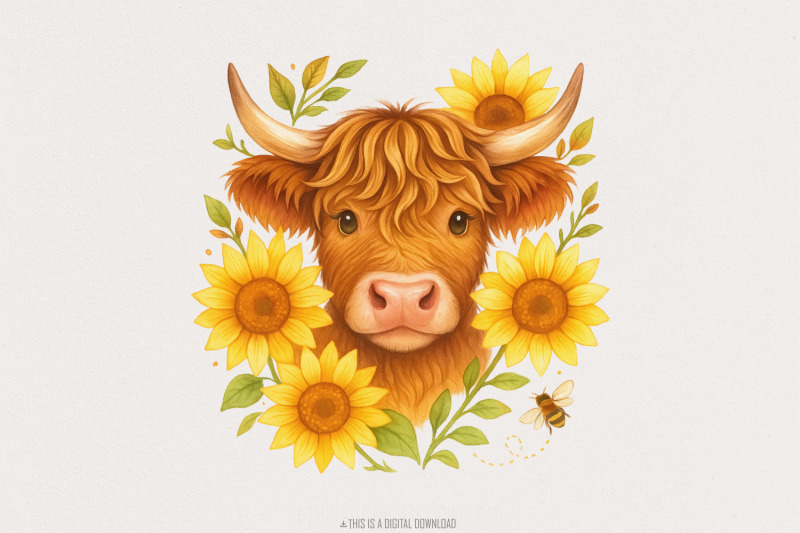 highland-cow-with-sunflowers-png-cute-farm-animal-art-country-wall-d