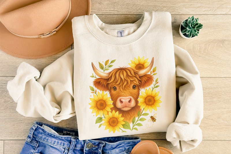 highland-cow-with-sunflowers-png-cute-farm-animal-art-country-wall-d