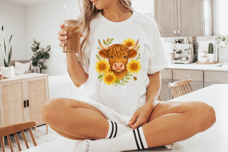 highland-cow-with-sunflowers-png-cute-farm-animal-art-country-wall-d