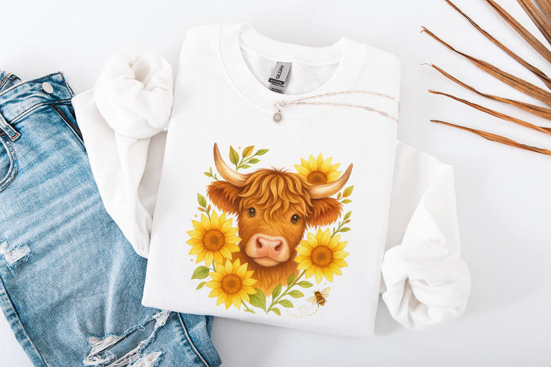highland-cow-with-sunflowers-png-cute-farm-animal-art-country-wall-d