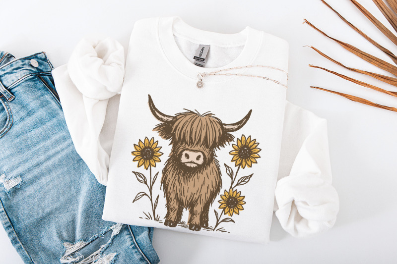 highland-cow-png-clipart-cute-cow-with-sunflowers-png-farmhouse-anim