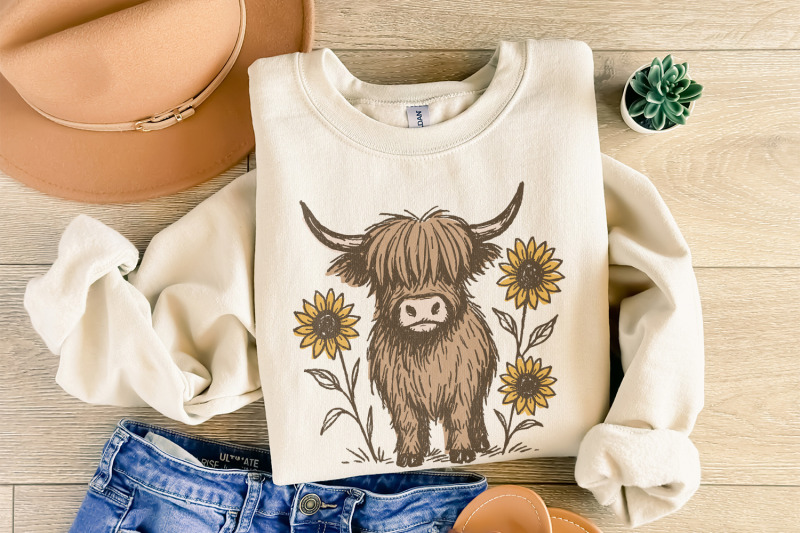 highland-cow-png-clipart-cute-cow-with-sunflowers-png-farmhouse-anim