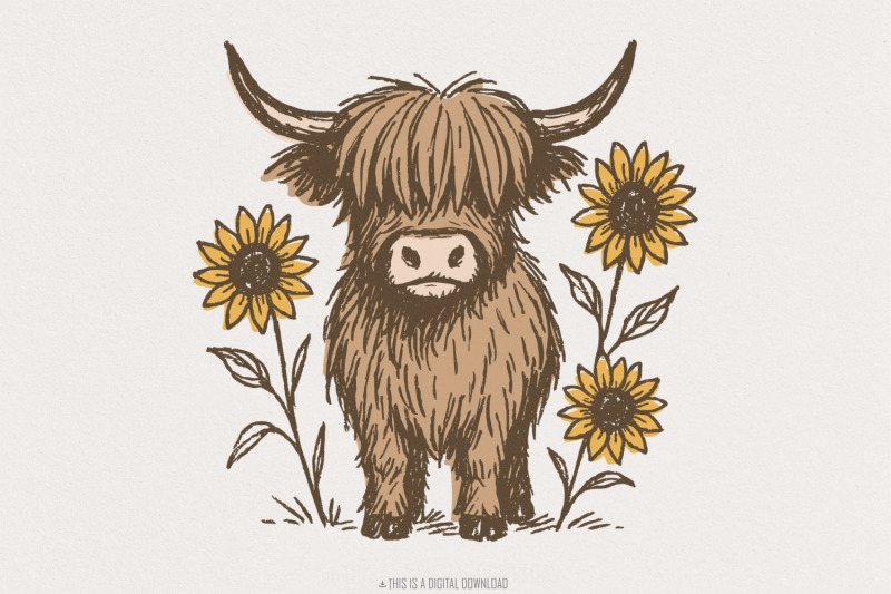 highland-cow-png-clipart-cute-cow-with-sunflowers-png-farmhouse-anim