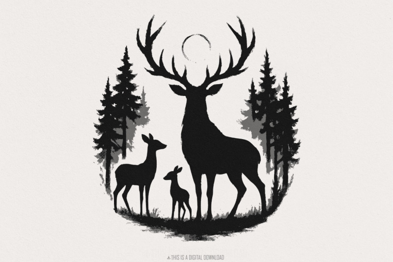 deer-silhouette-png-woodland-forest-stag-family-png-vintage-wildlife