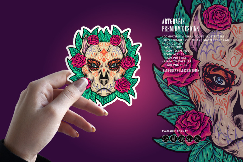 mexican-floral-dog-skull-with-roses-and-leaf-ornaments