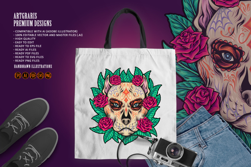 mexican-floral-dog-skull-with-roses-and-leaf-ornaments