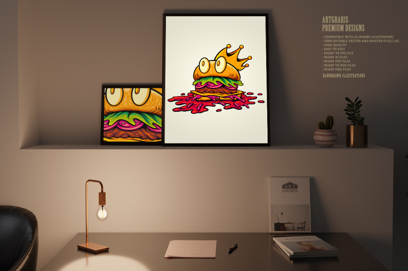 royal-burger-mascot-with-crown-and-melting-sauce
