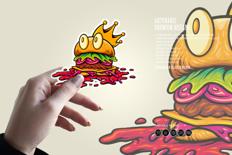 royal-burger-mascot-with-crown-and-melting-sauce