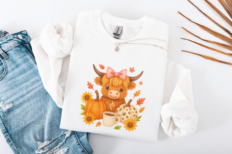 highland-cow-fall-png-autumn-png-pumpkin-png-cozy-coffee-cow-cute
