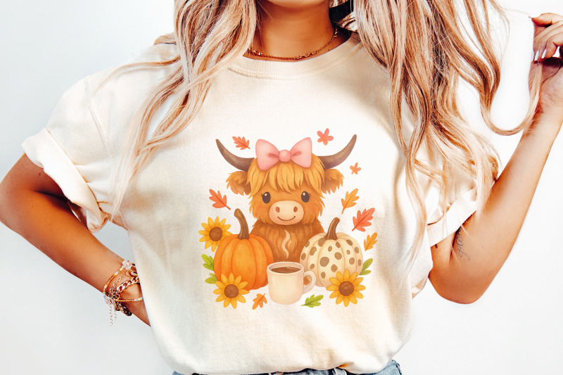 highland-cow-fall-png-autumn-png-pumpkin-png-cozy-coffee-cow-cute