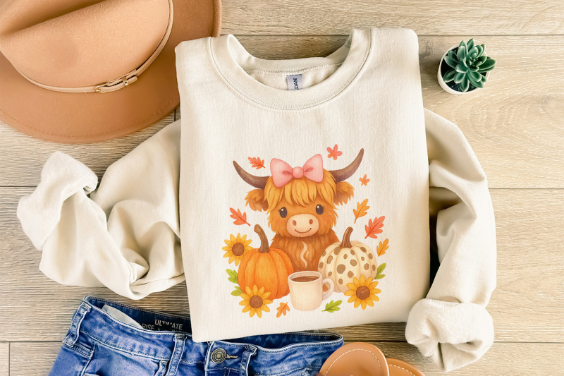 highland-cow-fall-png-autumn-png-pumpkin-png-cozy-coffee-cow-cute