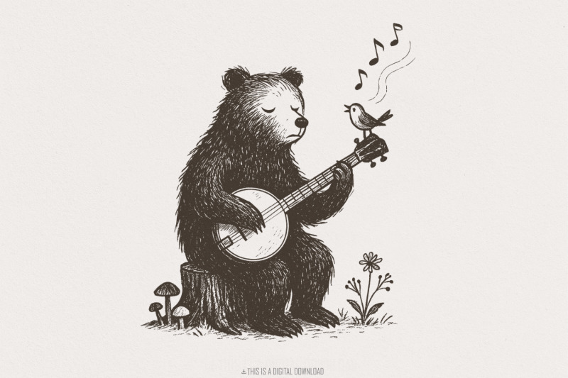 bear-playing-banjo-with-singing-bird-png-whimsical-animal-folk-art