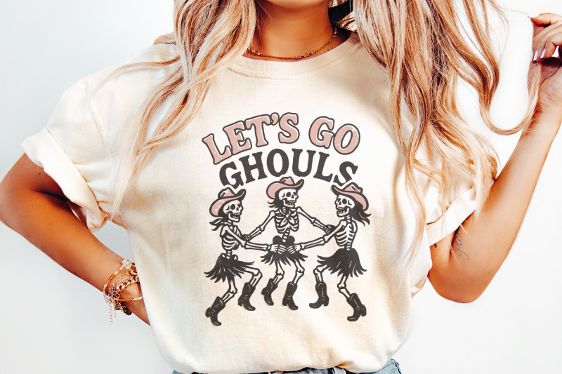 let-039-s-go-ghouls-png-dancing-skeleton-cowgirl-shirt-png-retro-western