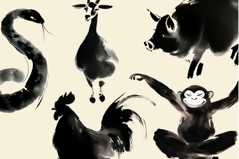 chinese-ink-zodiac-sumi-e-style-clipart-collection