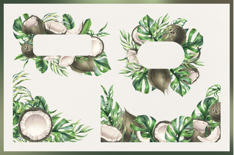 coconuts-and-tropical-leaves-watercolor-clipart