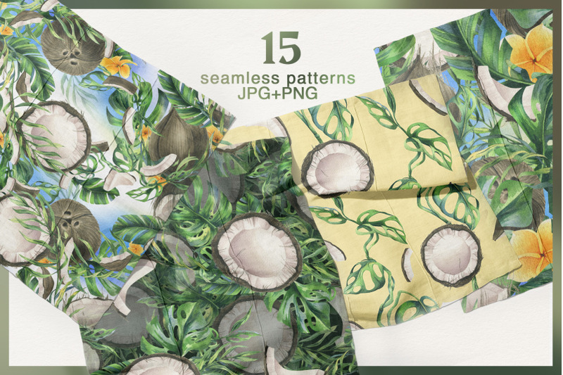 coconuts-and-tropical-leaves-watercolor-clipart