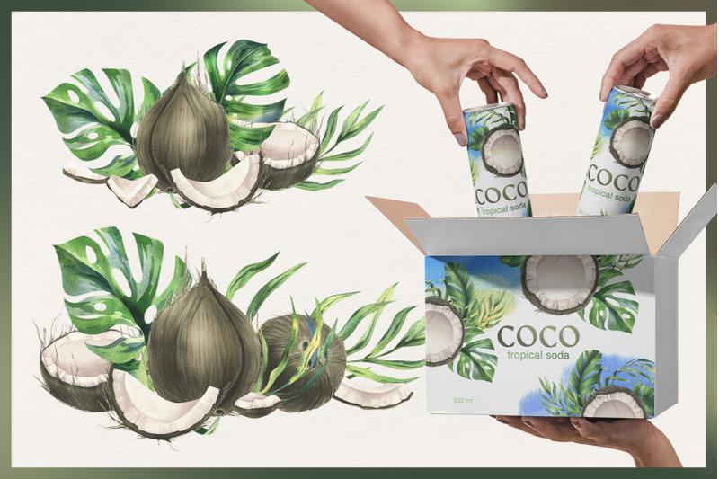coconuts-and-tropical-leaves-watercolor-clipart