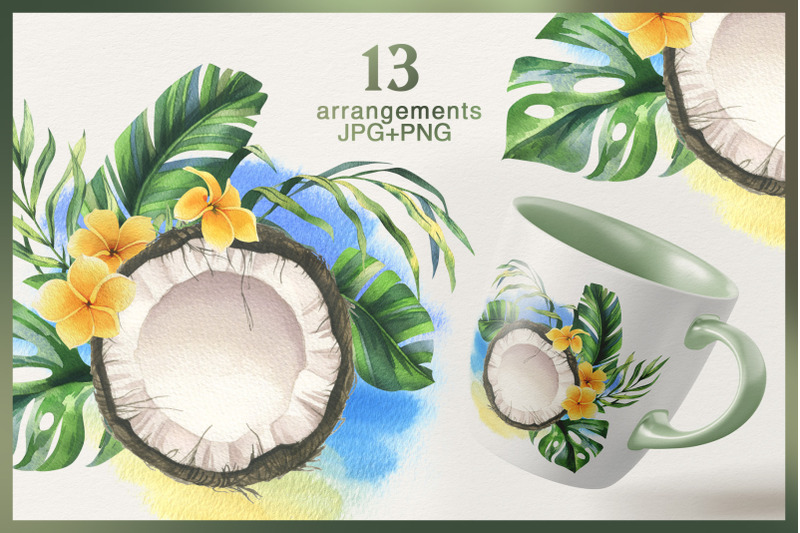 coconuts-and-tropical-leaves-watercolor-clipart