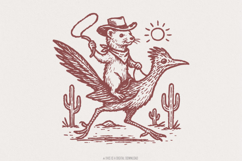 cowboy-ferret-on-roadrunner-png-wild-west-animal-art-digital-download