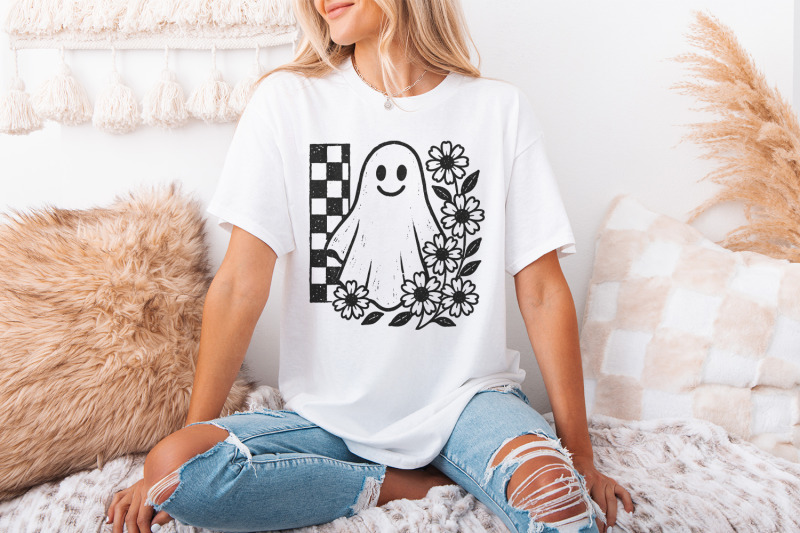 smiling-ghost-png-black-and-white-floral-ghost-clipart-checkerboard