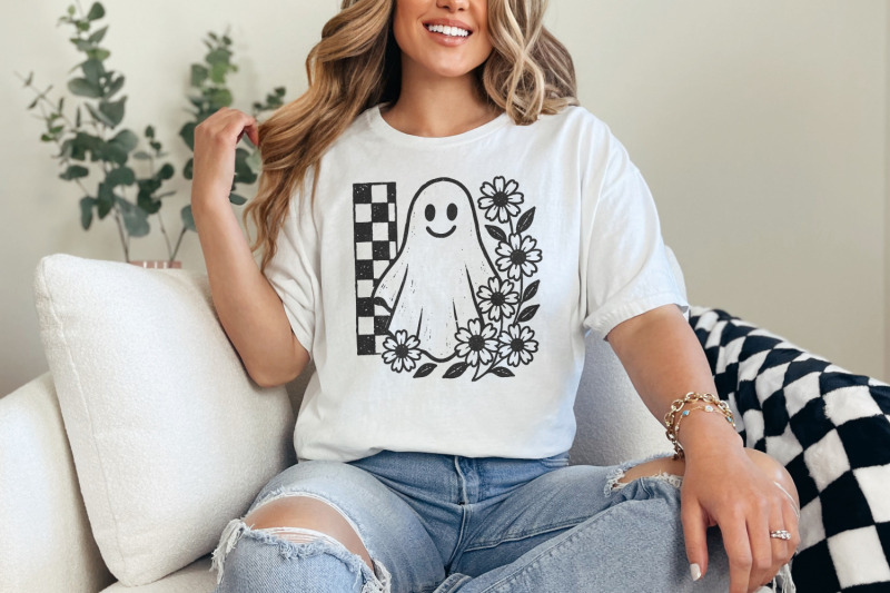 smiling-ghost-png-black-and-white-floral-ghost-clipart-checkerboard