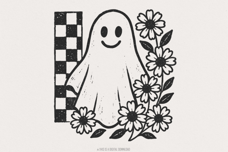 smiling-ghost-png-black-and-white-floral-ghost-clipart-checkerboard